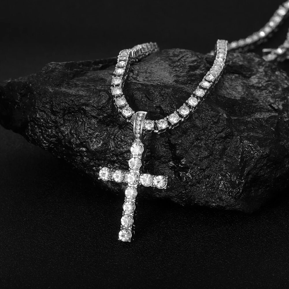 ⭐ 2PC 24" Diamond Hip Hop Necklace and Cross Pendant With 4mm Diamonds ⭐ - Picture 4 of 11